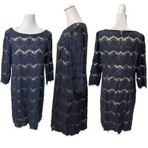 Eliza J Navy Blue Lace Overlay 3/4 Sleeve Knee Length Cocktail Dress Size 14